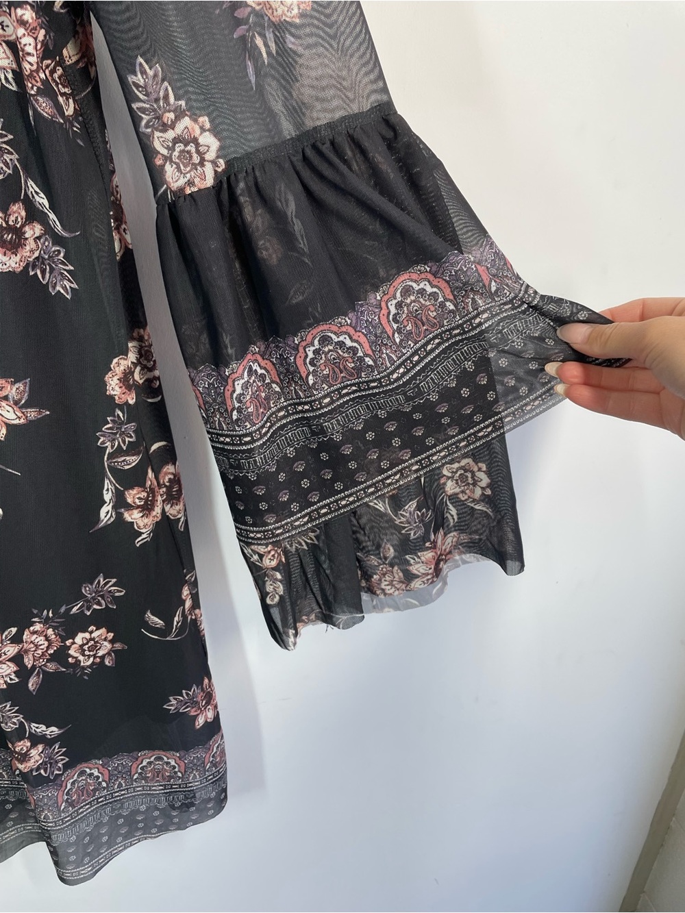 Style & Co Floral Bell Sleeve Dress Black Large Boho Cottagecore Chic Whimsigoth - Picture 5 of 12